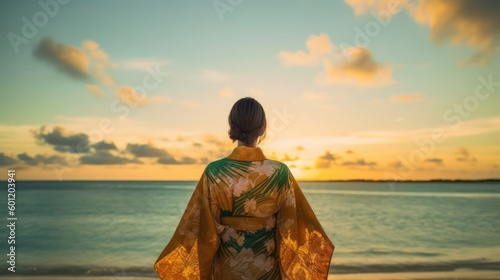 Back view of an elegant young lady in a colorful beautiful dress, standing by the ocean. Woman in sundress on a beach. Summer sunset illustration. Generative AI.