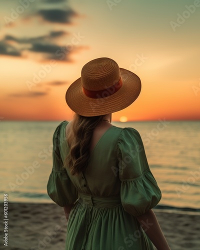 Elegant young woman walking on the sand at a beach. Lady with a hat and sundress standing by the ocean. Sunset. Generative AI illustration.
