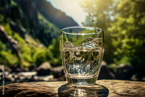 a glass glass with clear water against the background of mountains on a summer day. The image is generated by artificial intelligence