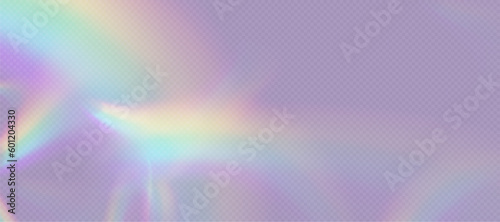 Rainbow refraction overlay, leak flare, prism light effect, rainbow sunlight, holographic rays with transparency. Blurred bokeh retro photo texture, vintage camera glare. Vector background.