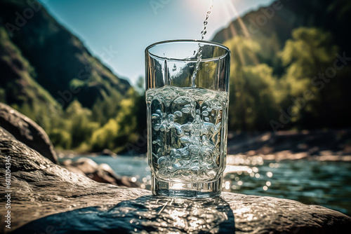 a glass glass with clear water against the background of mountains on a summer day. The image is generated by artificial intelligence