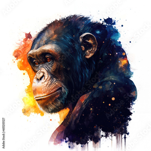 Fotografie, Tablou Colorful illustration of a chimp in watercolor galaxy style with transparent background