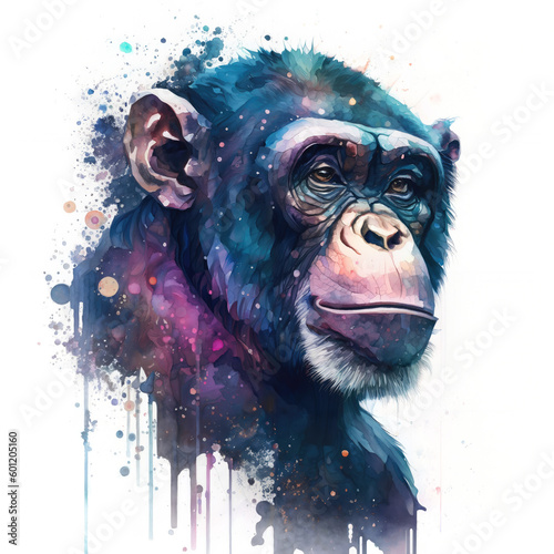 Fotobehang Colorful illustration of a chimp in watercolor galaxy style with transparent background