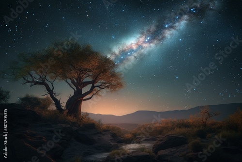 A dreamy and magical desktop background featuring a tree  landscape  moon  and stars with an illustrated milky way. Generative AI
