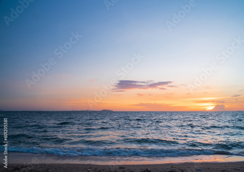 Panorama front viewpoint landscape travel summer sea wind wave cool on holiday calm coastal big sun set sky light orange golden Nature tropical Beautiful evening hour day At Bang san Beach Thailand.