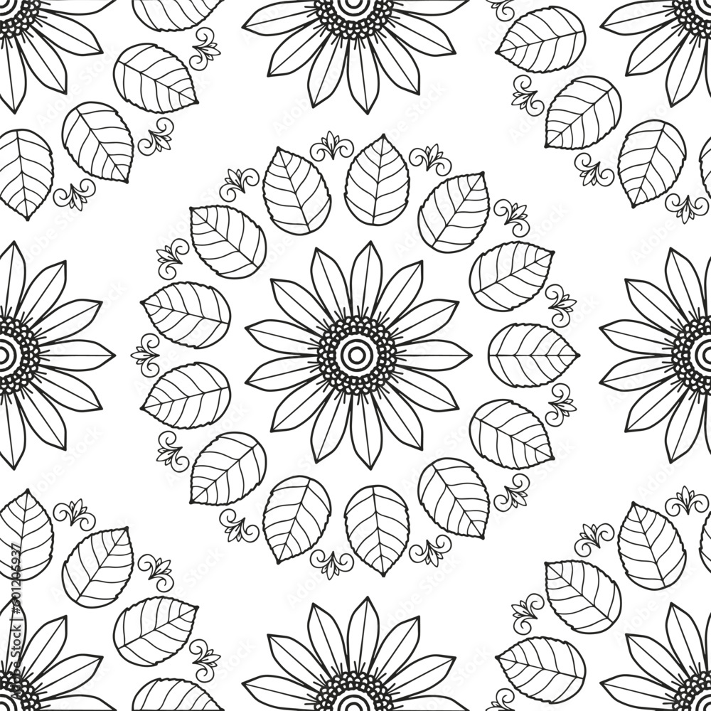  Floral pattern in a circle. Mandala.                                              Antistress coloring book for children and adults. 
