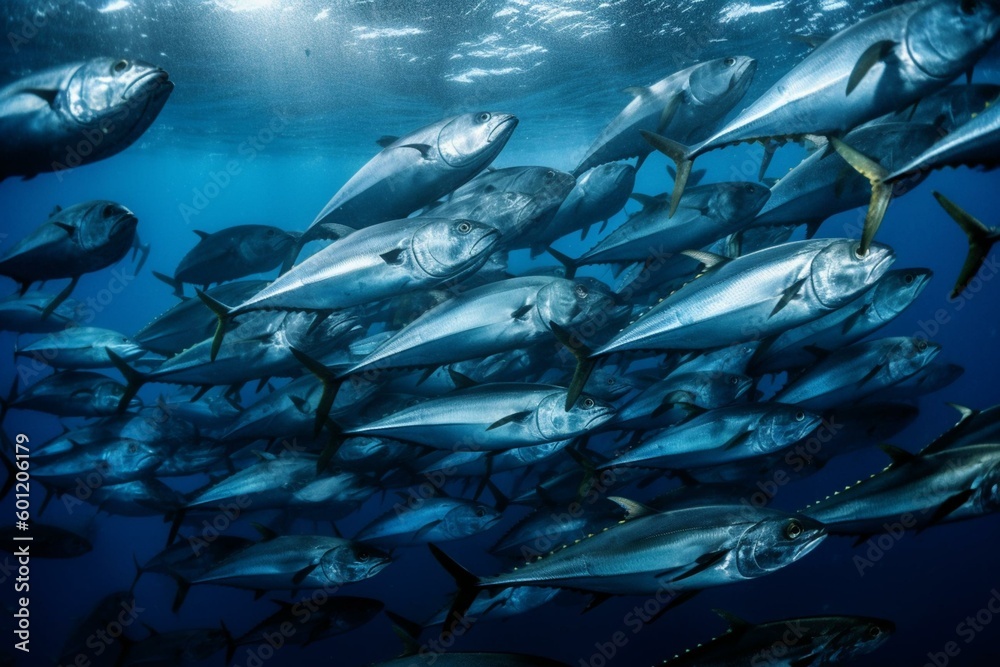 Tuna schools swim in ocean depths. Fishing entwined. Generative AI