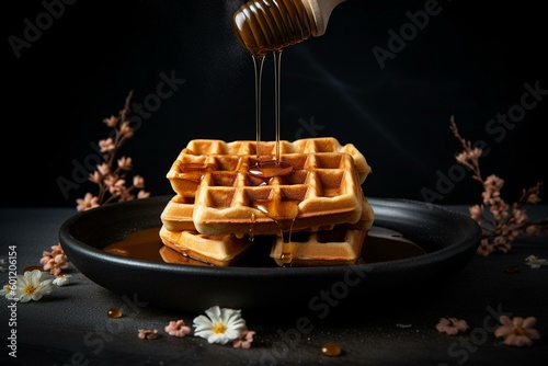 Sweet honey drizzled on scrumptious Belgian waffles on a dark backdrop. Generative AI photo