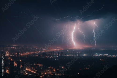 Thunderstorms illuminate the night sky with streaks of electric energy. Generative AI