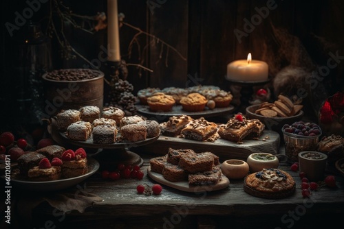 Festive treats displayed on rustic surface. Generative AI