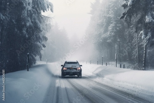 Vehicle travels snowy pathway. Generative AI
