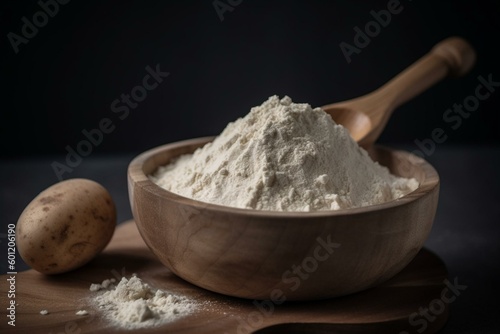 Close-up of potato flour in wooden bowl with spoon on white background. Generative AI