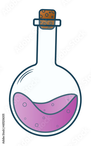Illustration of a purple magic potion in a round glass bottle. cartoon style