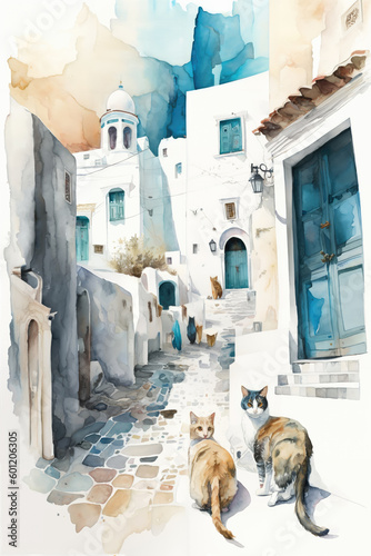 Watercolor illustration of stray cats on the street of a coastal town on a Mediterranean island with transparent background. Generative AI © SushiGirl