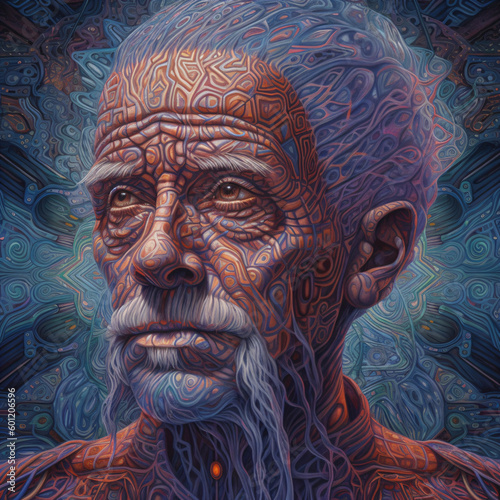 A psychedelic illustration portrait of an old man Generative Ai