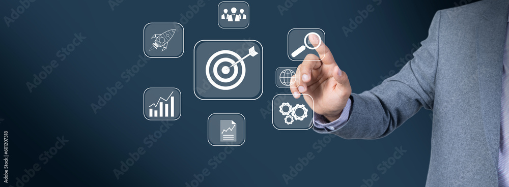 Targeting the business concept, target with digital marketing icons on virtual screen internet network connection, Business goal Targeting the business concept, target with digital marketing icons on virtual screen internet network connection, Business goal
