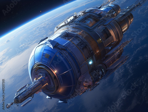 Fototapeta Naklejka Na Ścianę i Meble -  A futuristic space station above  the earth Generative Ai