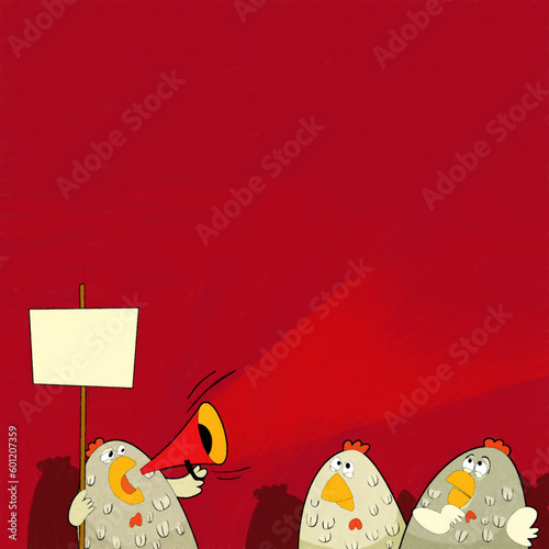 cartoon scene with happy funny chicken rooster on strike illustration for children