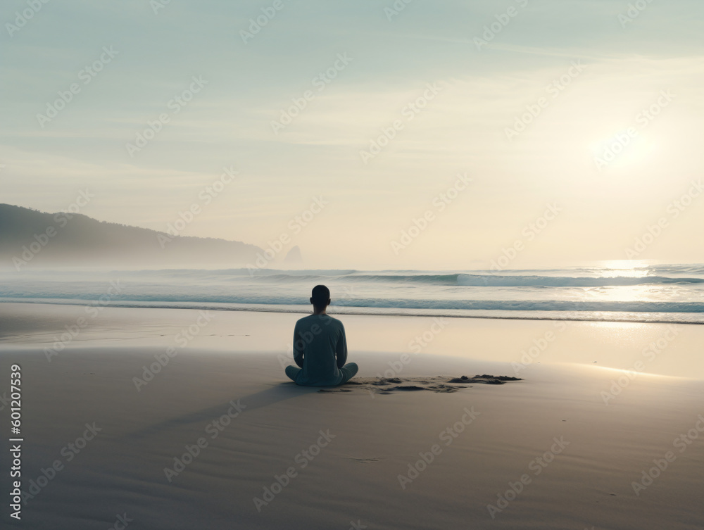A man sitting on a beach meditating in front of the ocean Generative Ai