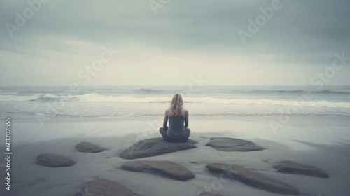 A woman sitting on a rock meditating on the beach Generative Ai
