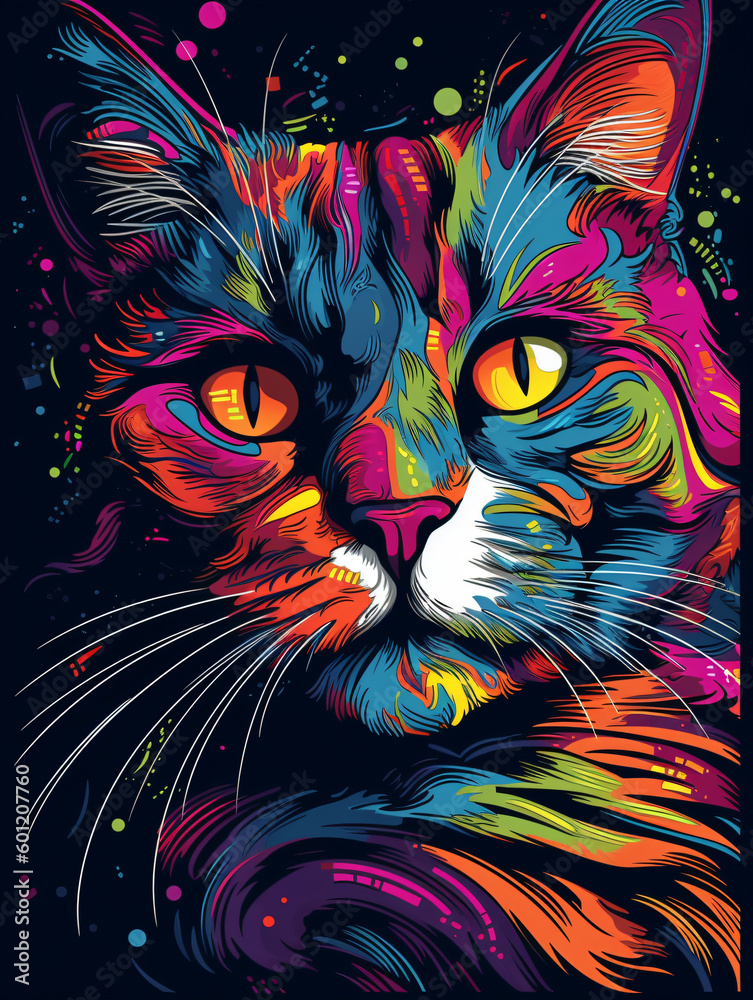 A colorful cat's face on a black background Generative Ai