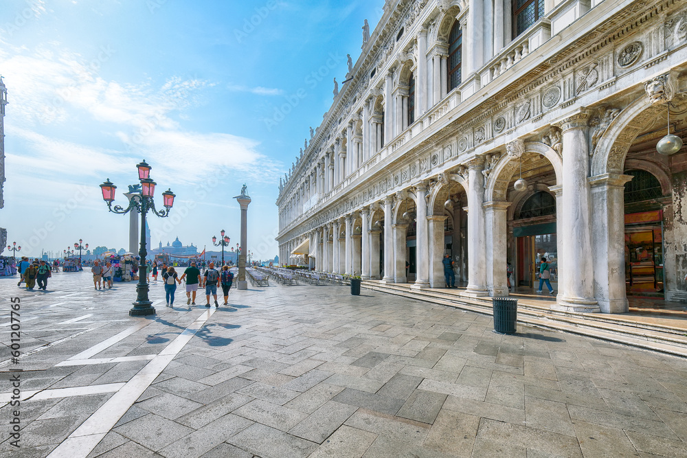 Fantastic cityscape of Venice with San Marco square with Column of San Teodoro and Biblioteca Nazionale Marciana. - obrazy, fototapety, plakaty 