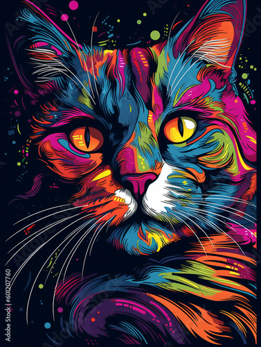 A colorful cat s face on a black background Generative Ai