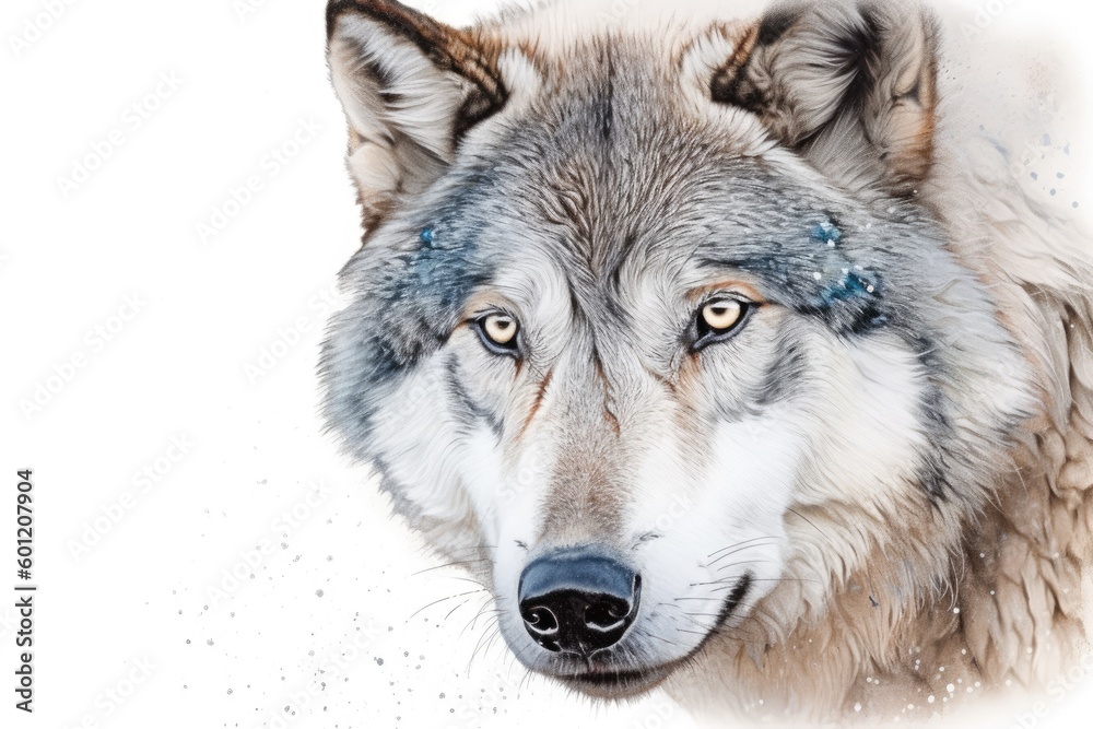 majestic wolf with piercing blue eyes gazing towards the viewer Generative AI