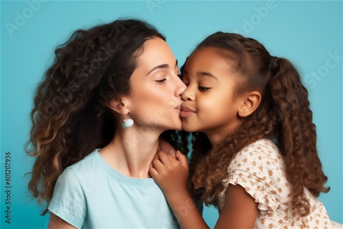 Multiracial mother and child kissing on a blue background
