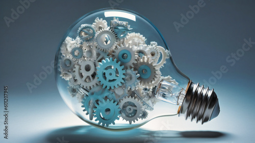 Light bulb with a gear and cogs coming out