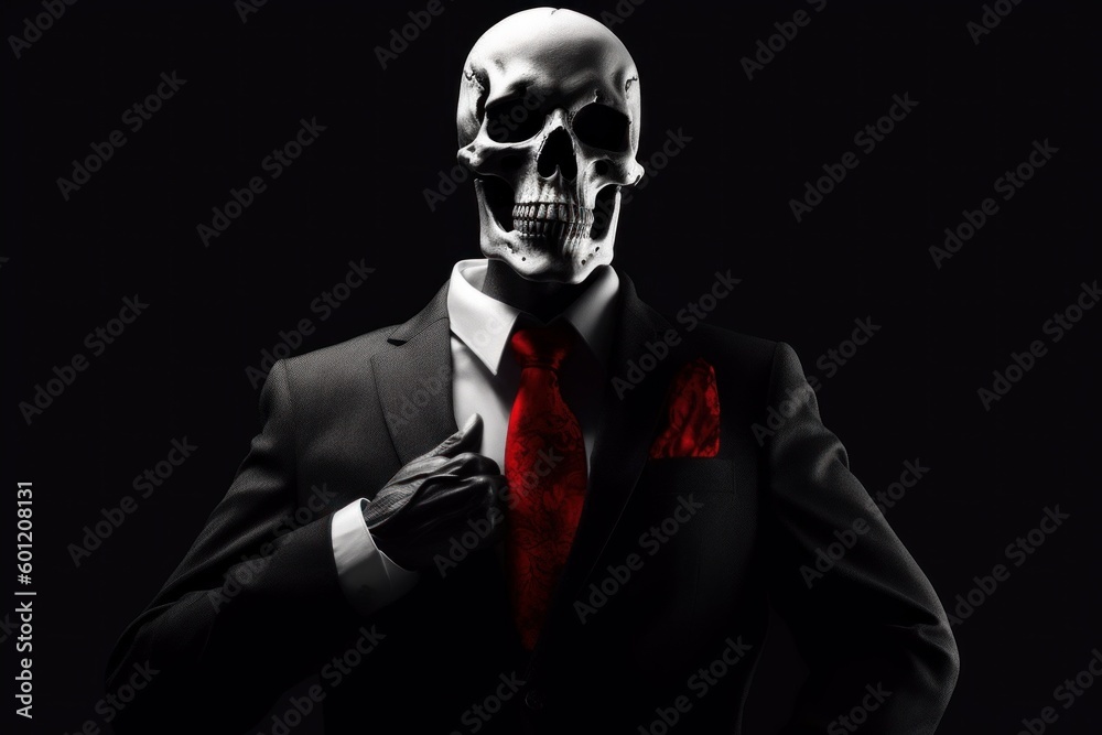 Skull with a skeleton in a business suit. AI generated, human enhanced Skull with a skeleton in a business suit. AI generated, human enhanced