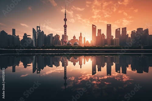 Sunrise cityscape with reflected lights. Generative AI