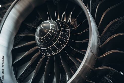 Closeup of airplane engine. Generative AI