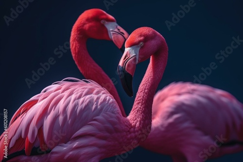 Flamingos in pink against a violet backdrop. Generative AI