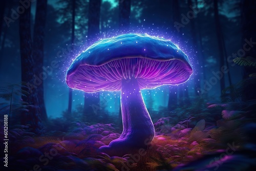 Neon mushroom with lighting in a magical forest, generative ai