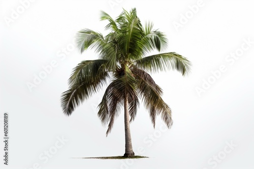 A single coconut palm tree on a white background with transparent mask and good cut-out for natural articles. Suitable for print and web. Generative AI