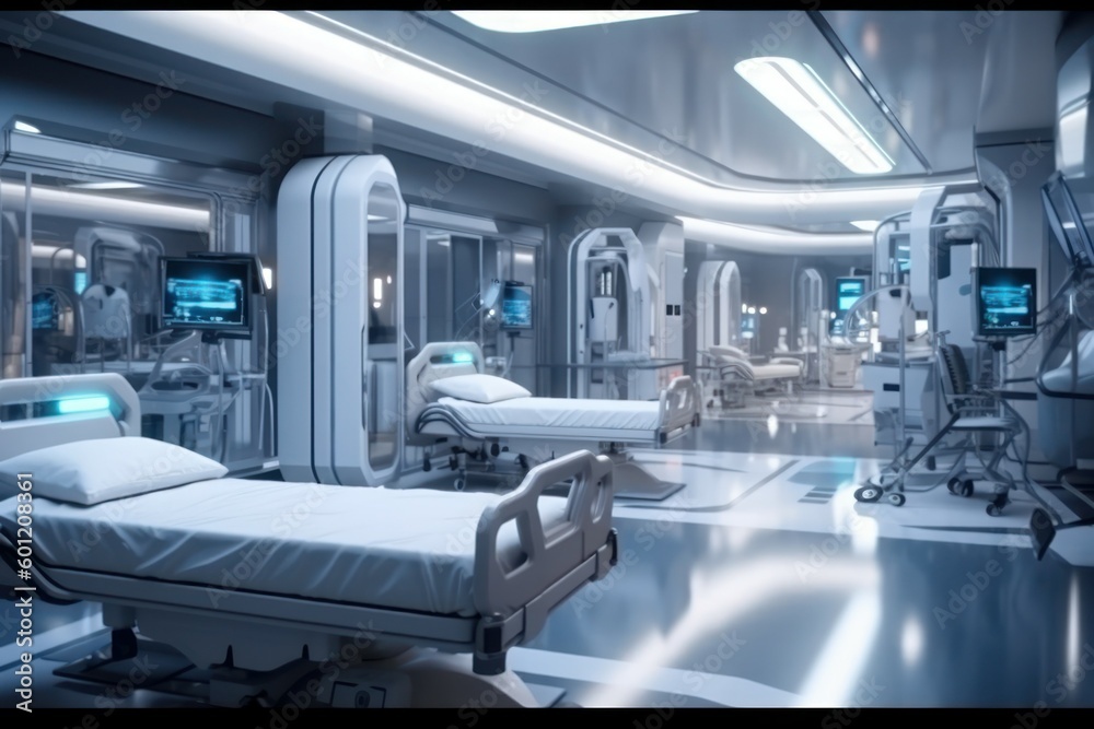 The interior of a modern hospital with beds for patients. AI generated