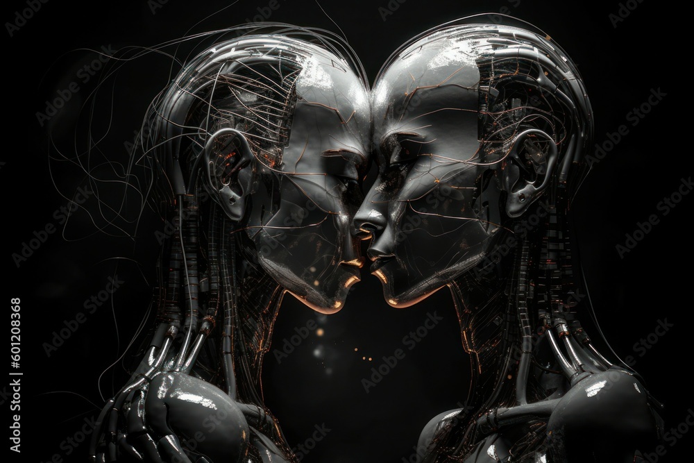 Two robots show each other feelings. Love robots concept. AI generated, human enhanced Two robots show each other feelings. Love robots concept. AI generated, human enhanced