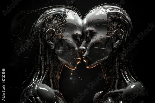 Two robots show each other feelings. Love robots concept. AI generated  human enhanced