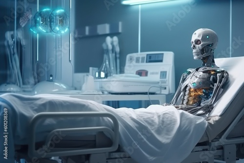 Photographie Skeleton with a skull in a hospital bed