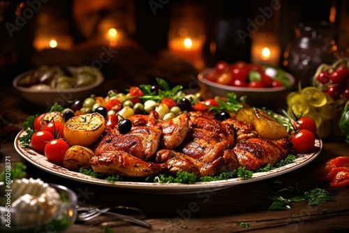 Plate with grilled meat, selective focus. AI generated, human enhanced