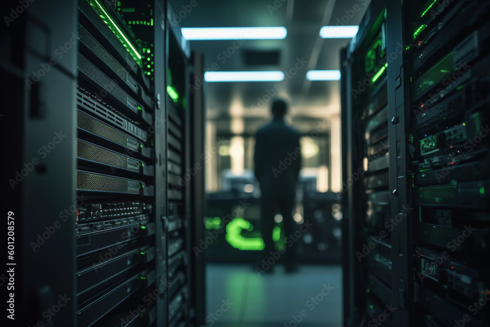 One person working in modern server room One person working in modern server room