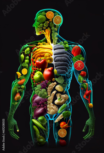 Human skeleton consists of fruits and vegetables, concept: healthy food. AI Generated