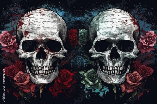 two skulls adorned with roses against a dark background Generative AI