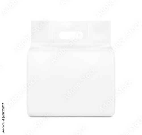 Stand bag with handle mockup. Vector illustration isolated on white background. Ready for your design. Suite for the presentation of diaper, wet wipes, pants, food, etc. EPS10.