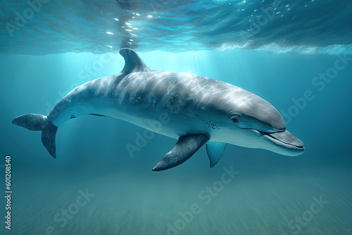Generative AI. Dolphin swimming in the deep ocean