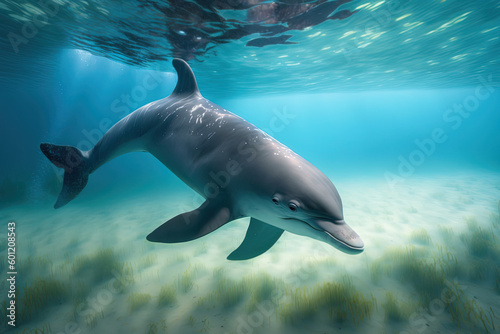 Generative AI. Dolphin swimming in the deep ocean © britaseifert