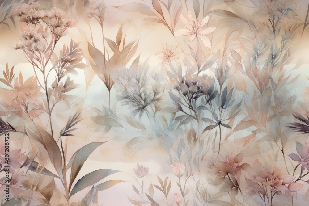 watercolor painting botanical dream landscape ethereal rough texture, abstract background or wallpaper. AI generated, - obrazy, fototapety, plakaty 