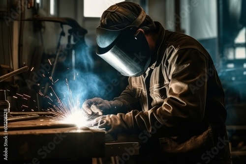 Worker or welder in the metallurgical industry performing welding in his workshop. AI generated, human enhanced.