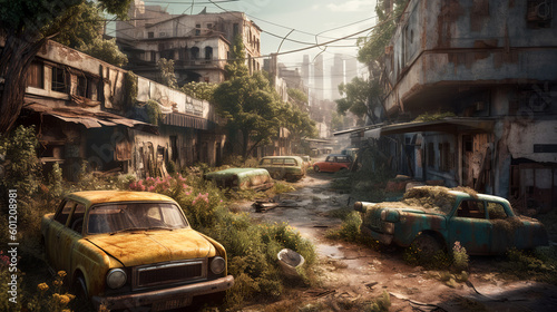 Postapocalyptic city strada with rusted cars